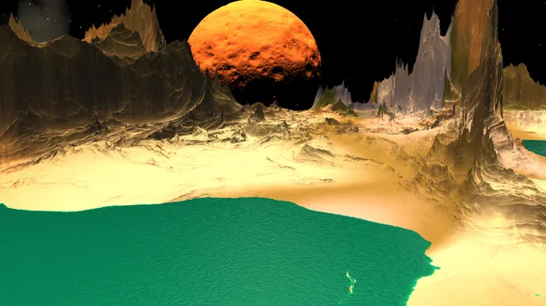Fantezi uzaylı gezegenine. Kayalar ve göl. 3D çizim