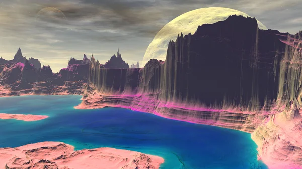 Fantasy pianeta alieno. Rocce e lago. Illustrazione 3D — Foto Stock