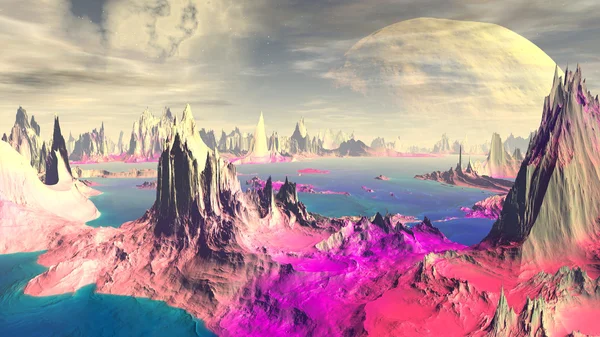 Fantezi uzaylı gezegenine. Kayalar ve göl. 3D çizim