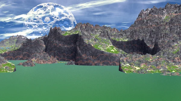 Fantasy obcej planety. Skały i jezioro. ilustracja 3D — Zdjęcie stockowe