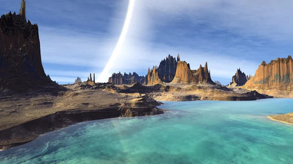 Fantasy främmande planet. Stenar och sjön. 3D illustration — Stockfoto