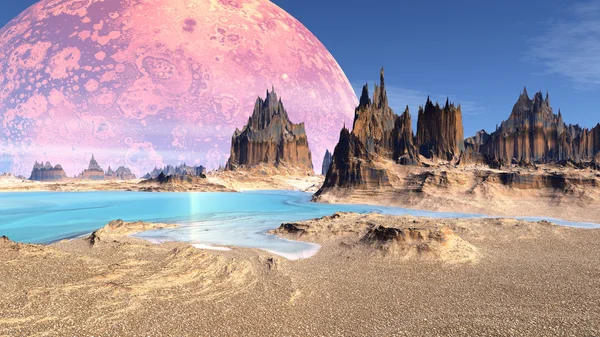Fantasie buitenaardse planeet. Rotsen en meer. 3D illustratie — Stockfoto