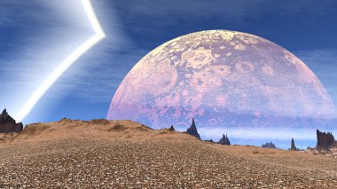 Fantezi uzaylı gezegenine. Kayalar ve göl. 3D çizim