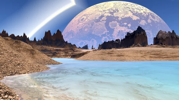 Fantasy alien planet. Rocks and lake. 3D illustration — Stock Photo, Image