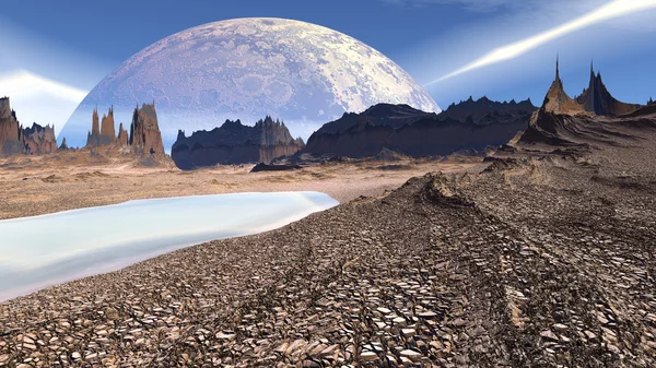 Fantasy alien planet. Rocks and lake. 3D illustration — Stock Photo, Image