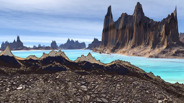 Fantasia ulkomaalainen planeetta. Kivet ja järvi. 3D-kuva — kuvapankkivalokuva