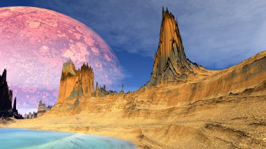 Fantezi uzaylı gezegenine. Kayalar ve göl. 3D çizim