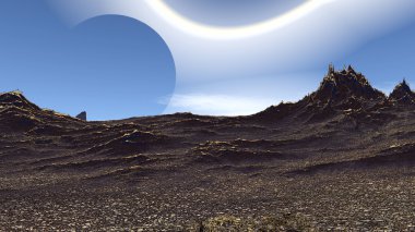 Fantezi uzaylı gezegenine. Kayalar ve göl. 3D çizim