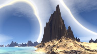 Fantezi uzaylı gezegenine. Kayalar ve göl. 3D çizim