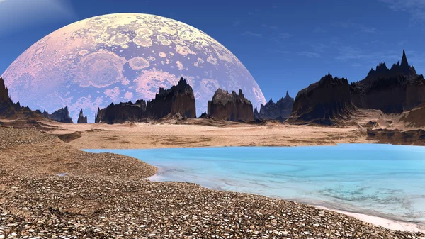 Fantasie buitenaardse planeet. Rotsen en meer. 3D illustratie — Stockfoto