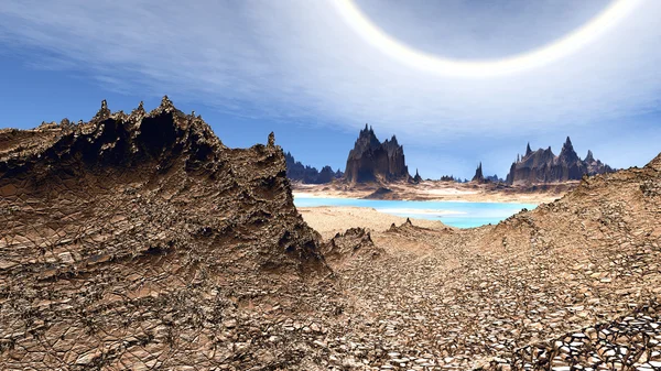 Fantasía planeta alienígena. Rocas y lago. Ilustración 3D — Foto de Stock