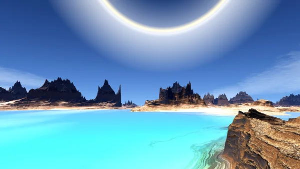 Fantasie außerirdischer Planet. Felsen und See. 3D-Illustration — Stockfoto