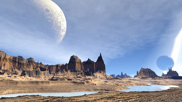 판타지 외계 행성입니다. 바위 그리고 호수입니다. 3 차원 일러스트 레이 션 — 스톡 사진