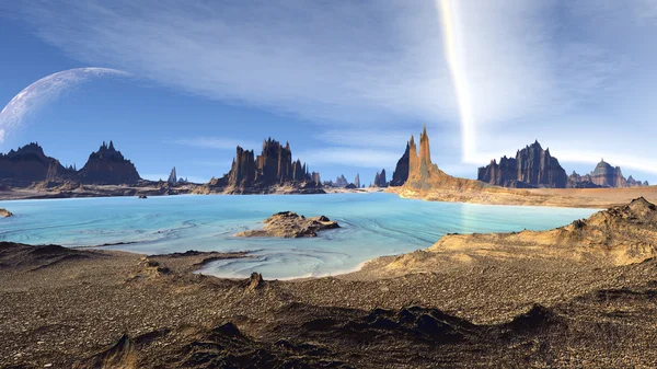 Fantasy alien planet. Rocks and lake. 3D illustration — Stock Photo, Image