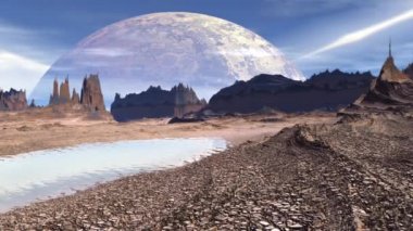 Fantezi uzaylı gezegenine. Kayalar ve göl. 3D animasyon. 4k