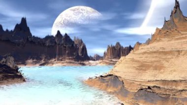 Fantezi uzaylı gezegenine. Kayalar ve göl. 3D animasyon. 4k