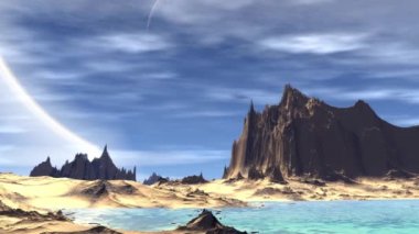 Fantezi uzaylı gezegenine. Kayalar ve göl. 3D animasyon. 4k