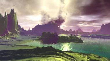 Fantezi uzaylı gezegenine. Kayalar ve göl. 3D animasyon. 4k