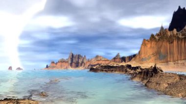 Fantezi uzaylı gezegenine. Kayalar ve göl. 3D animasyon. 4k