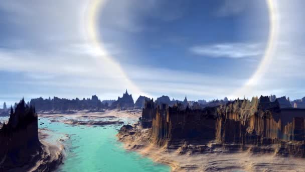 Planète extraterrestre fantastique. Rochers et lac. Animation 3D. 4K 