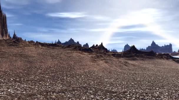 Planète extraterrestre fantastique. Rochers et pluie. Animation 3D. 4K 