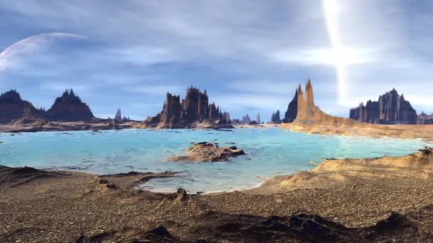 Fantasy alien planet. Rocks and lake. 3d animation. 4K — Stock Video