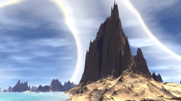 Fantezi uzaylı gezegenine. Kayalar ve göl. 3D animasyon. 4k — Stok video