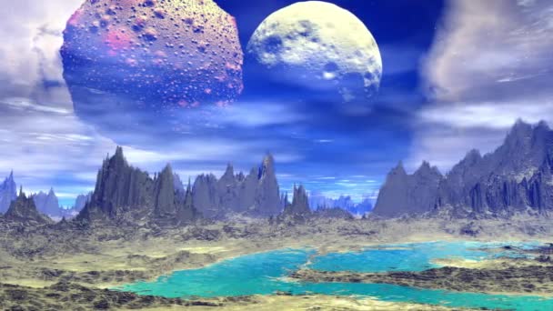 Фантазия инопланетной планеты. Камни и озеро. 3d анимация. 4K — стоковое видео