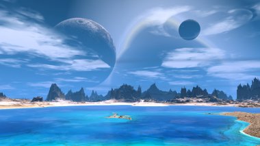 Fantezi uzaylı gezegenine. Kayalar ve göl. 3D çizim