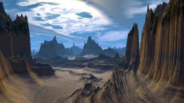 Fantezi uzaylı gezegenine. Kayalar ve gökyüzü. 3D çizim 