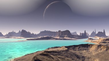 Fantezi uzaylı gezegenine. Kayalar ve göl. 3D çizim