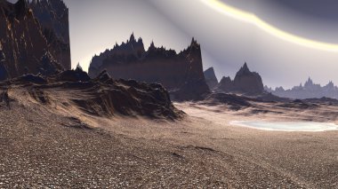 Fantezi uzaylı gezegenine. Kayalar ve gökyüzü. 3D çizim 