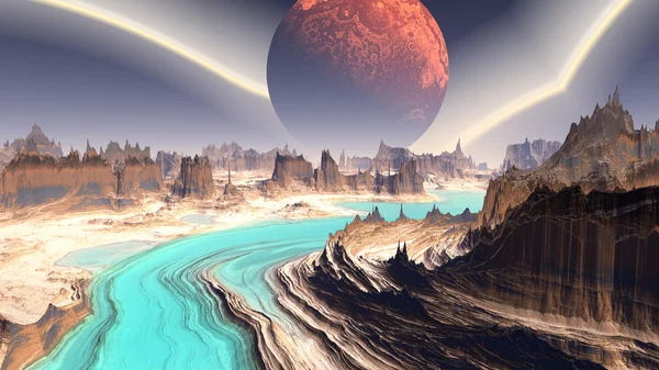 Фантазия инопланетной планеты. Камни и озеро. 3D иллюстрация — стоковое фото