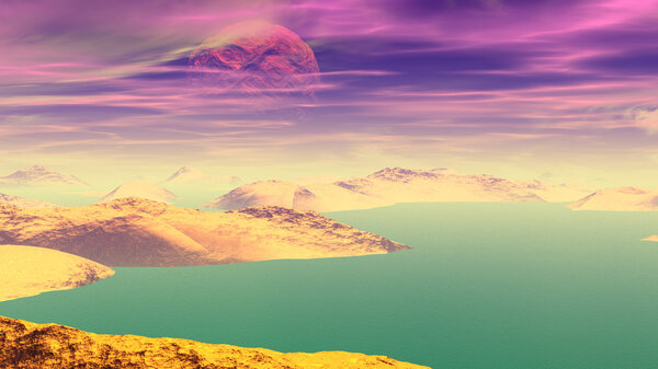 Фантазия инопланетной планеты. Камни и озеро. 3D иллюстрация
