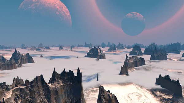 Εξωγήινο πλανήτη φαντασίας. Βράχια και ουρανό. 3D απεικόνιση — Φωτογραφία Αρχείου