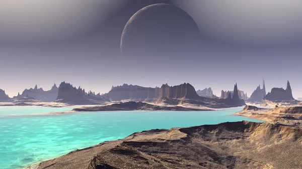 Фантазия инопланетной планеты. Камни и озеро. 3D иллюстрация — стоковое фото
