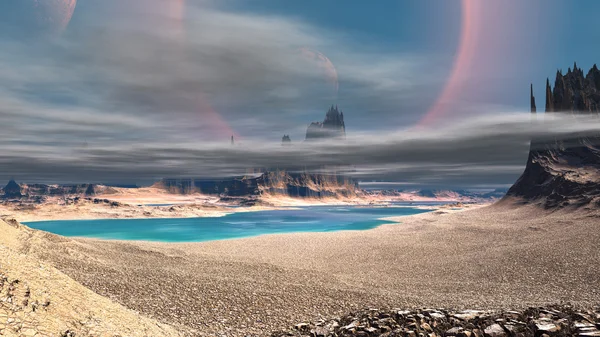 Fantasía planeta alienígena. Rocas y lago. Ilustración 3D — Foto de Stock