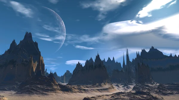 Εξωγήινο πλανήτη φαντασίας. Βράχια και ουρανό. 3D απεικόνιση — Φωτογραφία Αρχείου