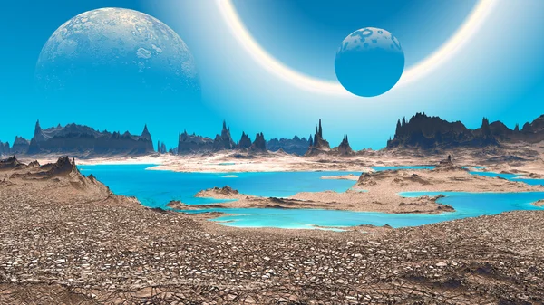 Fantasy alien planet. Rocks and lake. 3D illustration — Stock Photo, Image