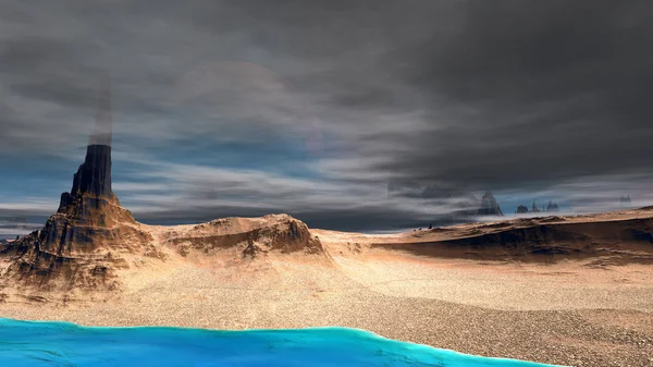 Fantasie außerirdischer Planet. Felsen und See. 3D-Illustration — Stockfoto
