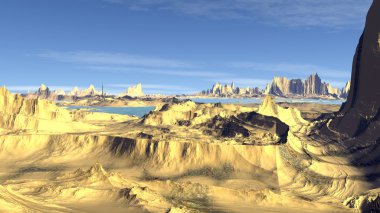 Fantezi uzaylı gezegenine. Kayalar ve göl. 3D çizim