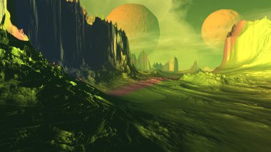 Fantezi uzaylı gezegenine. Kayalar ve gökyüzü. 3D çizim 