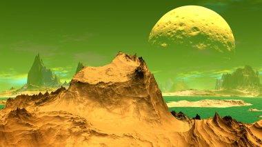 Fantezi uzaylı gezegenine. Kayalar ve göl. 3D çizim
