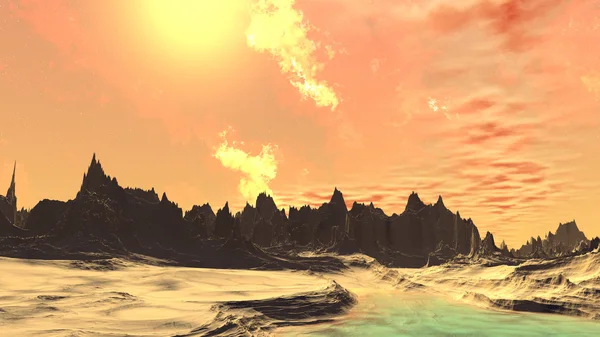 Εξωγήινο πλανήτη φαντασίας. Βράχια και λίμνη. 3D απεικόνιση — Φωτογραφία Αρχείου