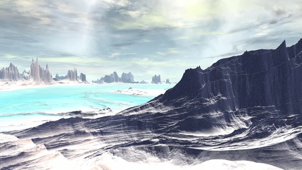 Fantasie außerirdischer Planet. Felsen und See. 3D-Illustration — Stockfoto