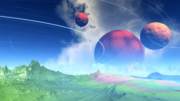 Фантазия инопланетной планеты. Скалы и небо. 3D иллюстрация — стоковое фото
