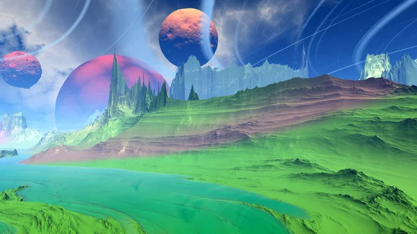 Fantasy pianeta alieno. Rocce e lago. Illustrazione 3D — Foto Stock