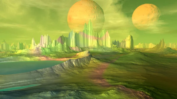 판타지 외계 행성입니다. 바위 그리고 호수입니다. 3 차원 일러스트 레이 션 — 스톡 사진