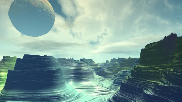 Фантазія інопланетної планети. Скелі і небо. 3D ілюстрація — стокове фото