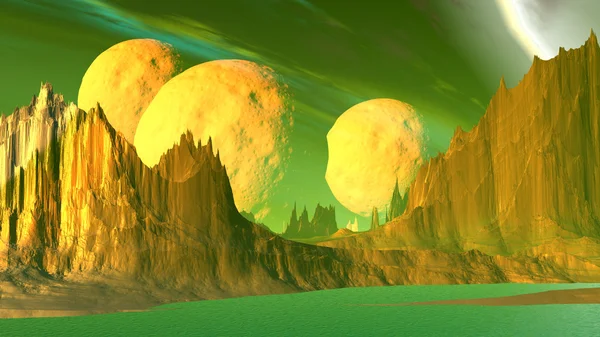 Фантазія інопланетної планети. Скелі та озеро. 3D ілюстрація — стокове фото